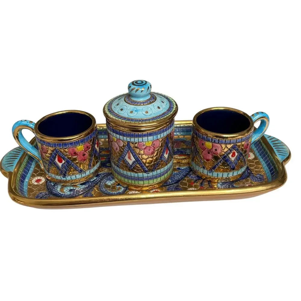 Italian Mosaic Espresso Set Byzantine Peacock Catania 24K Accent Tray Cup Sugar